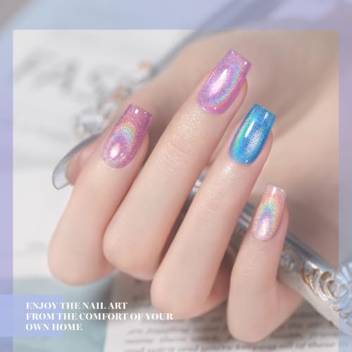 RARJSM Rainbow Cat Eye Gel Nail Polish Set 6pcs Holographic Glitter Manicure