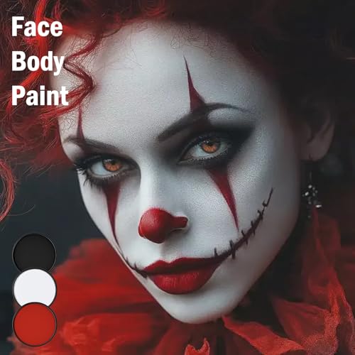 White Black Red Foundation Face Body Paint, Halloween Makeup Face Painting Kit with Painting Brushes and Makeup Sponge for Women&Men Goth Clown Vampire Joker SFX Cosplay Party-30g