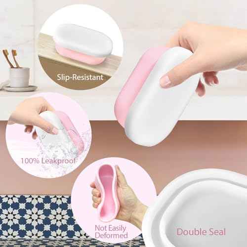 Leakproof Silicone Travel Soap Case with Drainage Layer, Silicone Bar Soap Holder Compact Portable Shatterproof Soap Container Box for Bathroom Gym Camp Travel Toiletries (Pink, Clear Lid)