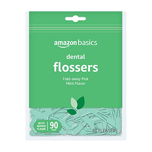 Amazon Basics Mint Dental Flossers Pack of 1 - 90 Shred-Resistant Picks with Fold-Away Toothpick