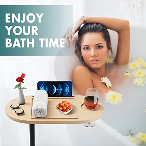 Bamboo Bathtub Tray Table with Adjustable Height & 360° Rotation