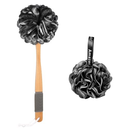 AmazerBath Black Long Wooden Handle Shower Loofah Body Scrubber with Mesh Sponge