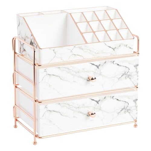 Glamlily White Marble Makeup Organizer with Rose Gold Trim, Cosmetic Storage Drawers for Vanity (9.5 x 9.5 x 5.5 in)