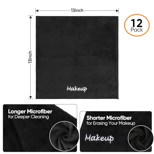 Makeup Remover Cloth, 12 Pack Black Facial Wash Cloths, Soft Coral Fleece Microfiber Towels for Face, Hand, and Bathroom(13" x 13")