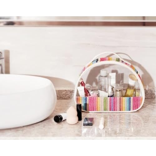 Large Clear Cosmetic Bag with Handle for Women, Zipper Close Makeup Bag, Straw Travel Bag - Rainbow Color Toiletry Bag