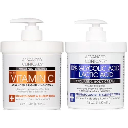 Advanced Clinicals 10% Glycolic Acid + Lactic Acid Exfoliating Body Cream + Vitamin C Brightening Cream Set