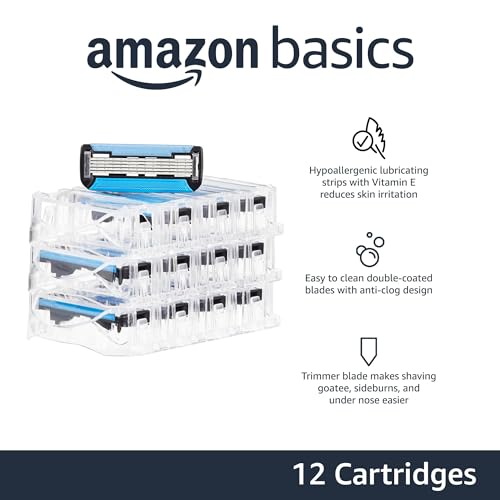 Amazon Basics 5-Blade Men's Razor Refill Cartridges with Trimmer, 12-Pack