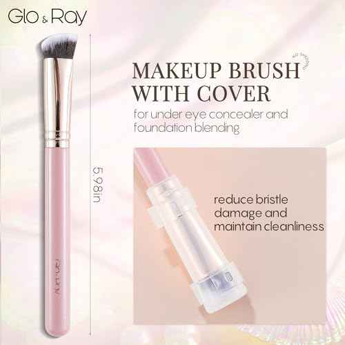 GLO&RAY Angled Concealer Brush with Cap ? Flat Top Synthetic Makeup Brush for Under Eye, Spot Coverage, Travel Size Concealer Blending Tool for Liquid & Cream Application (Pink)