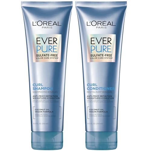 L'Oreal Paris Sulfate Free Shampoo and Conditioner for Curly Hair, Lightweight, Anti-Frizz Hair Care with Coconut Oil, EverPure, 8.5 Fl Oz, Set of 2 (Packaging May Vary)