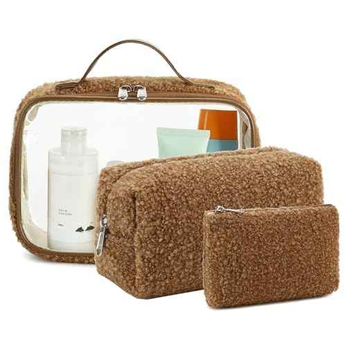 Bluboon 3Pcs Makeup Toiletry Bag for Women, Clear Packing Cubes Cosmetic Bag for Travel Women With Zipper Travel Essentials (Coffee Lamb Wool)