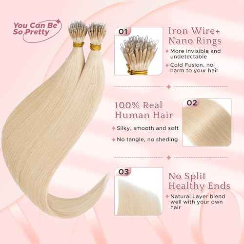 SEGO Nano Tip Hair Extensions Human Hair, Nano Beads Balayage Seamless Highlight Pre-bonded Extensions for Women, 0.7g/strand, 50 strands 35g/pack -24 Inch#60R Platinum Blonde