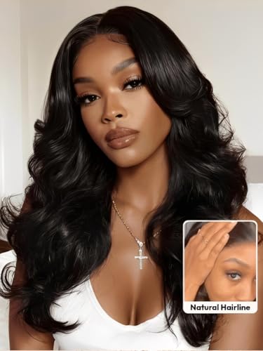 UNICE 16 Inch Black Butterfly Cut Body Wave Lace Front Wig with Face Framing Layers and Drawstring, 180% Density