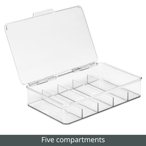 mDesign Plastic Divided Stackable Hair, Makeup & Jewelry Organizer Box with Hinge Lid for Bathroom Vanity Countertop - 5 Sections - Stores Hair Clips, Barrettes - Ligne Collection - 2 Pack - Clear