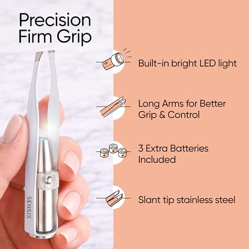 Sensica Eyebrow Tweezers with Light ? LED Lighted Tweezers for Women Facial Hair ? Precision Eyebrow Plucking Slant Tip Stainless Steel Tweezer with Long Arms & 3 Extra Batteries