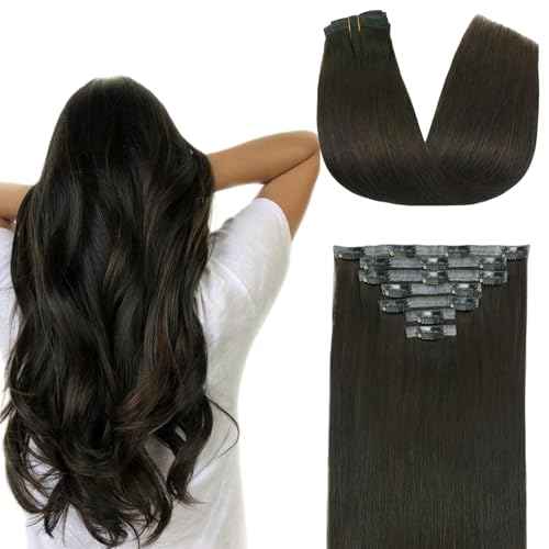 Clip in Extensions Real Human Hair 7pcs, Natural and Seamless 90g (Dark Brown to Black, 14 inch)