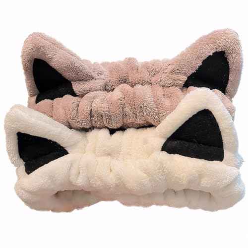2 Pcs Cat Ears Headband, Cute Spa Headbands for Washing Face Skincare Makeup Headbands for Women Girls Trendy Stuff Present Soft Coral Fleece Hair Accessories(Beige Khaki)