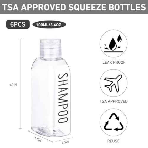 Travel Bottles for Toiletries 6 PCS 3.4oz/100ml Travel Size Containers Plastic Lotion Bottle TSA Approved Leak Proof Squeeze Bottles with Flip Cap for Toiletries, Shampoo & Lotion (Clear)