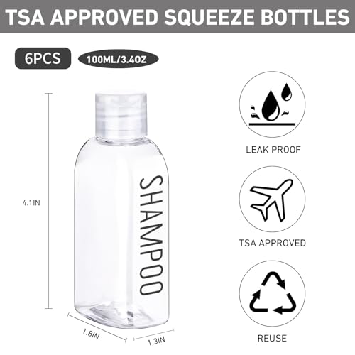 3.4 oz TSA-Approved Travel Bottles 6-Pack with Printed Labels
