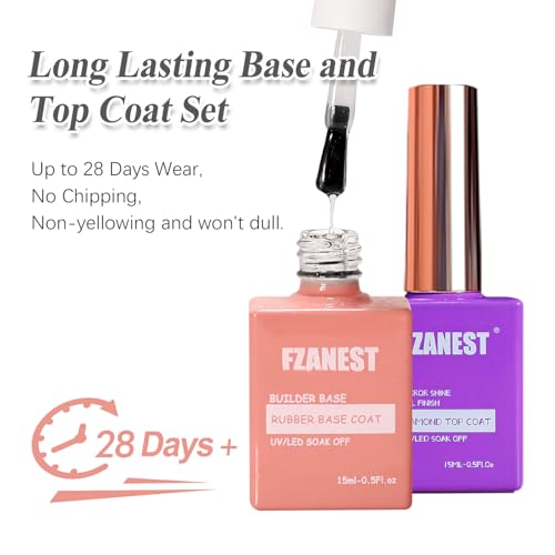 FZANEST Rubber Base & No Wipe Top Coat Gel Nail Polish Set