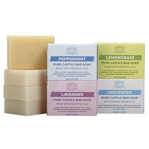 Adams Handmade Soap Variety Pack ? 4 Bar Set: Unscented, Peppermint, Lavender, Lemongrass | Vegan, Cold Process, 84% Organic, Essential Oils, USA Made