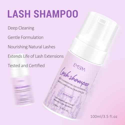 EMEDA Lash Shampoo Kit - 3.38 fl.oz / 100ml Gentle Foam Lash Cleanser, Oil-Free Cleaning for Wash Extension/Natural Eyelash Bath with Rinse Bottle Brush (Lavender)