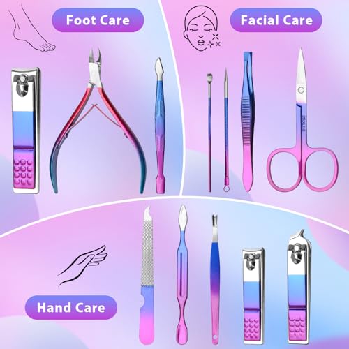 Colorful 12-Piece Manicure Set with Travel Case - Nail Clipper Kit for Men & Women
