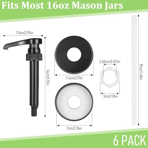 6 Packs Mason Jar Pump Lid for Regular Mouth Jars, Leak-Proof 2.8 Inch Mason Jar Soap Dispenser Pump Lid for Honey, Syrup, Liquid Condiments, Ketchup, Coffee and More