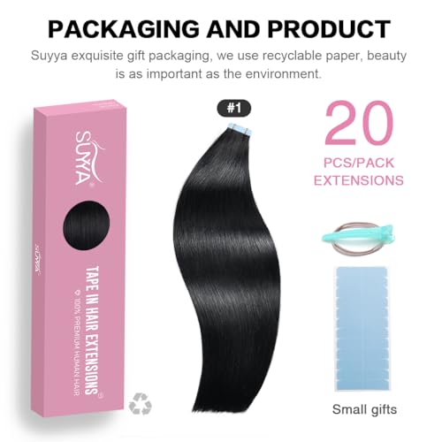 SUYYA Tape In Hair Extensions 20" Remy Human Hair Jet Black