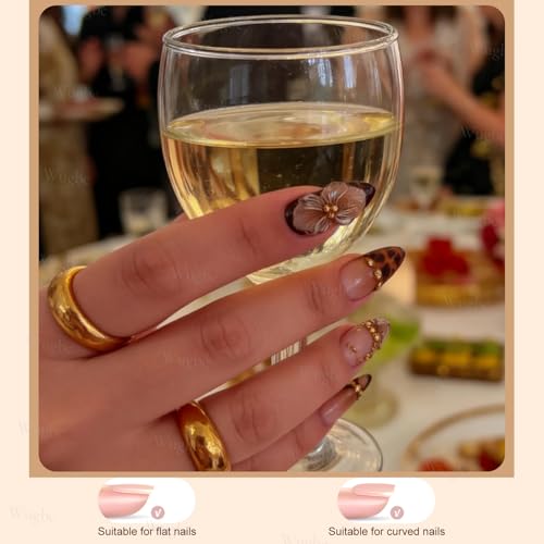 Press On Nails Medium Almond Leopard Gold Flower 24pcs