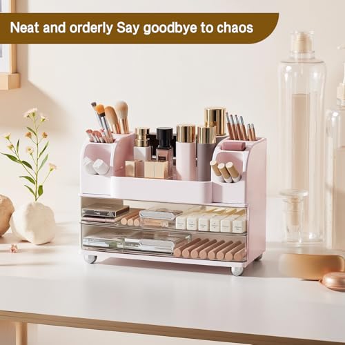 Makeup Organizer for Vanity Countertop with 2 Large Drawers, Spacious Display Cabinet, Partitioned Top Compartment 6 Brush Holders - Pink Beauty Storage Solution