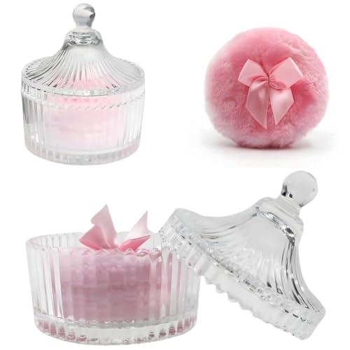 Powder Puff Set with Glass Container - Soft Velour Face & Body