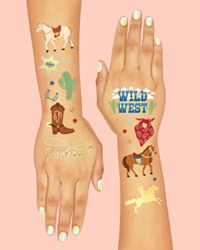 Cowboy Temporary Tattoos for Kids - 52 Gold Foil Designs