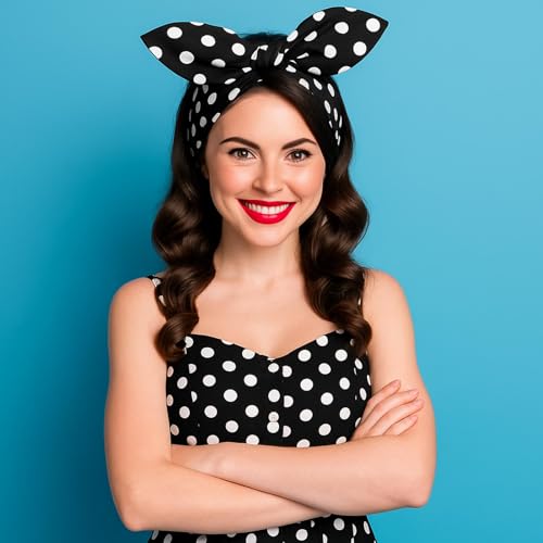 Hicarer Polka Dot Wired Headband with Bow – Adjustable Black Dots Hair Accessory