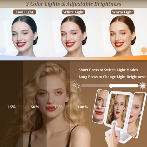 DailyCuddles White Makeup Mirror with Lights - 3 Color Modes, 1X/2X/3X Magnification, Tri-Fold, 360° Rotation, USB-C Rechargeable, Phone Holder