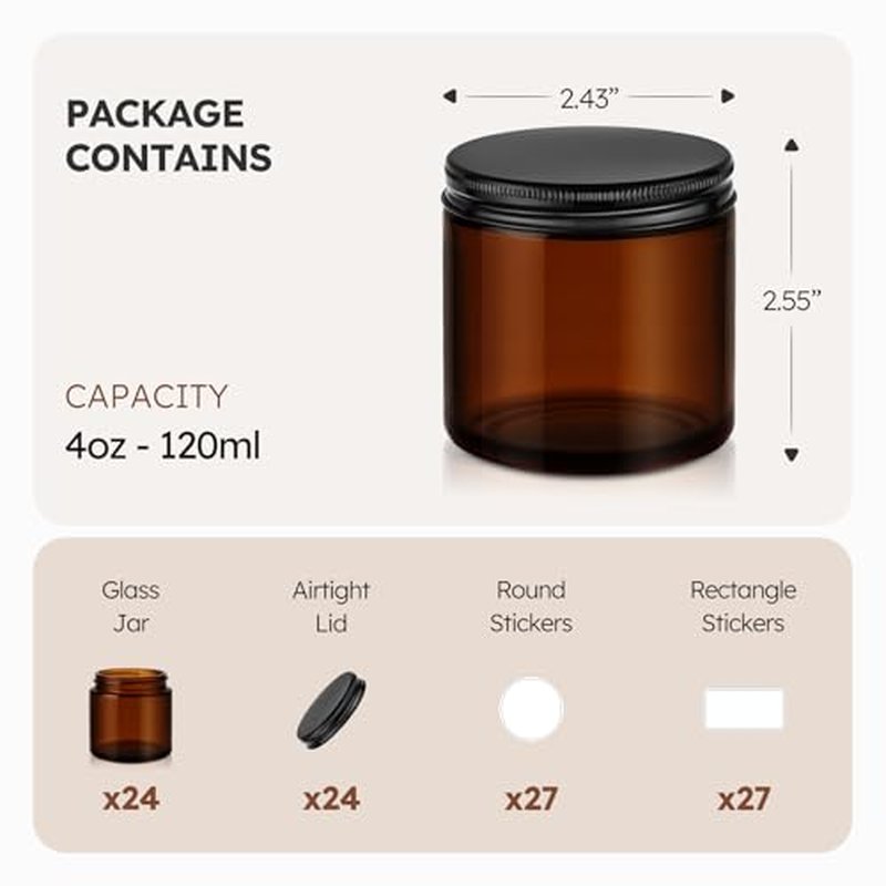 4 oz Amber Glass Jars with Lids, 24 Pack Airtight Containers