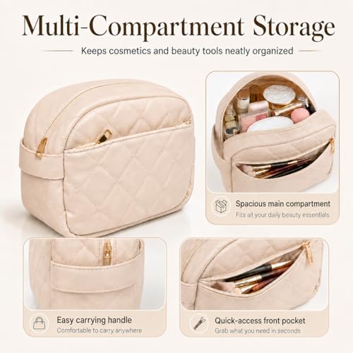 Quilted Travel Makeup Bag for Women - Double-Layer PU Leather Organizer