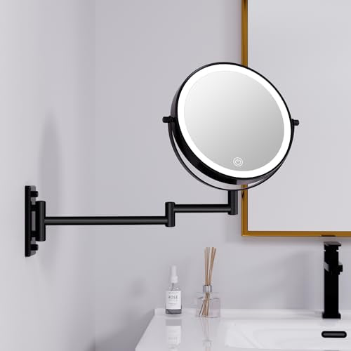 Wall Mounted Makeup Mirror with Lights, 8" Bathroom Vanity Magnifying Mirror Wall Mount with 1X/10X Magnification and Extendable Arm,Black