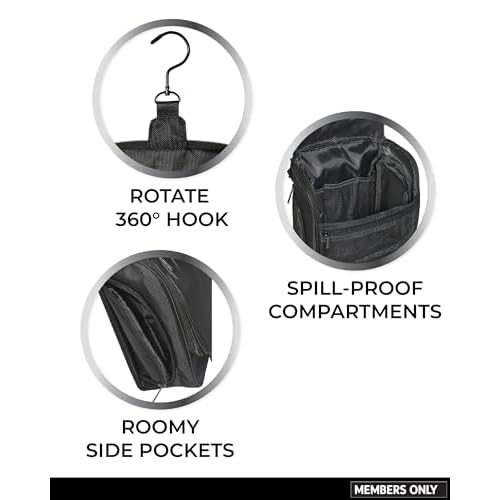 Members Only Hanging Toiletry Bag with Rotating Hook, Black Toiletry Organizer, Bathroom Bag