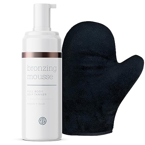 SJOLIE Self Tanner - Express Sunless Tanning Mousse + Mitt Applicator | Medium Dark Color, Streak-Free, Vegan, No Parabens
