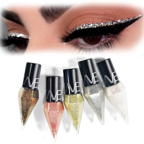 Glitter Liquid Eyeliner, 5 Colors Eyeliner Colorful Set, Shimmer Metallic Silver White, Gold Sparkling Eye Liner, Long Lasting Flare Eye Liner Liquid, Diamond Eye Makeup Set