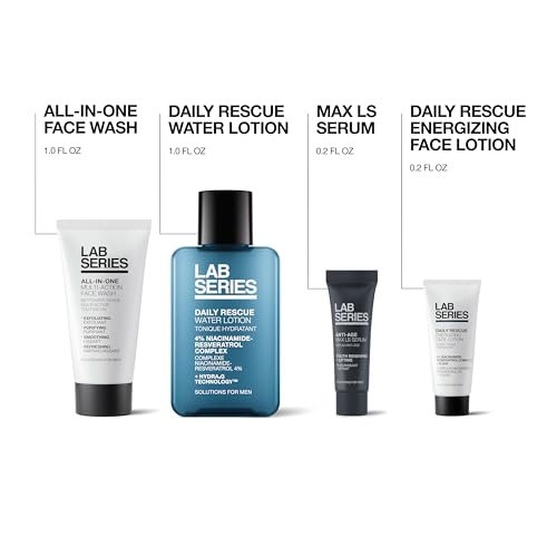 Lab Series Travel Size Essentials Skin Care Gift Set For Men - Includes All-In-One Face Wash 1 Fl Oz, Daily Rescue Face Toner 1 Fl Oz, Daily Rescue Face Lotion 0.2 Fl Oz & Max LS Face Serum 0.2 Fl Oz