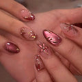 Rose Gold Cat Eye Press On Nails with 3D Floral Design - 24PCS