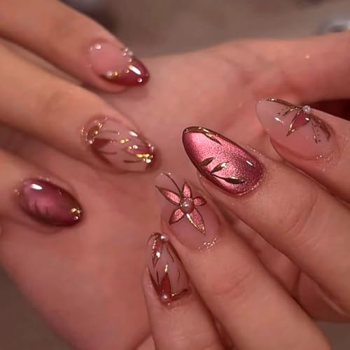 Rose Gold Cat Eye Press On Nails with 3D Floral Design - 24PCS