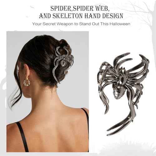 4 PCS Halloween Hair Claw Clips for Women Girls, Gothic Spider Black Metal Claw Clips, Non-Slip Hair Claws for Thick Thin Hair, Spider Web Skeleton Hand Skull Hair Clips, Spooky Hair Accessories Gifts
