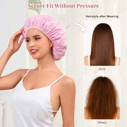 Shower Cap for Women Waterproof Reusable, Large Shower Cap Non-Slip with Elastic Band, Washable Bath Hair Hat for Long Hair, Braids (Pink)