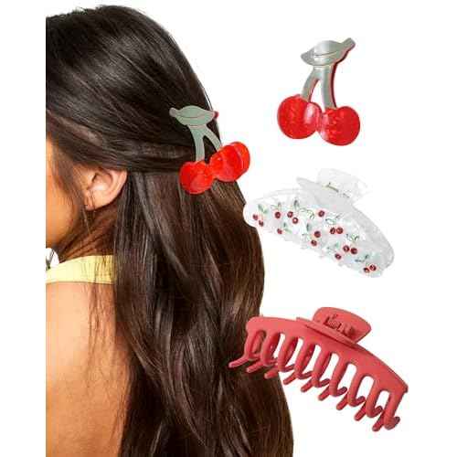 HAIMEIKANG 3 PCs Fruit Hair Claw Clips for Women - Non Slip Strong Hold Cute Non-slip Stylish Accessories for Thick Thin Hair (Cherry Hair Clips)
