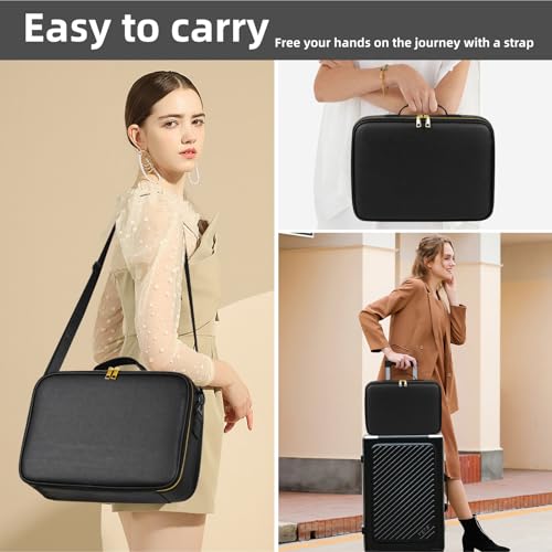 Upgraded Large Travel Makeup Bag with LED Mirror, 15¡± Professional Makeup Case with 3 Color Modes Dimming Lighted Mirror, Light up Cosmetic Make up Organizer with PU Leather Cover, Adjustable Dividers
