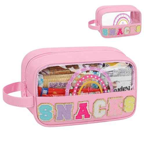 MONSTINA Snack Bag Clear Pouch Makeup Travel Toiletry Bag,Waterproof Clear Embroidery Letters Cute Digital Printing Rainbow Cosmetic Tote Bag for Women Girls,PU Leather Pink