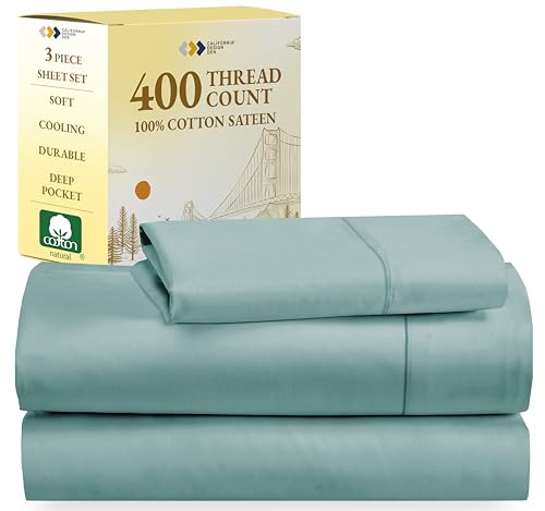 California Design Den Softest 100% Cotton Sheets, Twin Sheets Set, 400 Thread Count Sateen Bedding for Dorm Rooms & Adults, Deep Pocket Sheets, Cooling Sheets, Twin Bed Sheets (Teal)