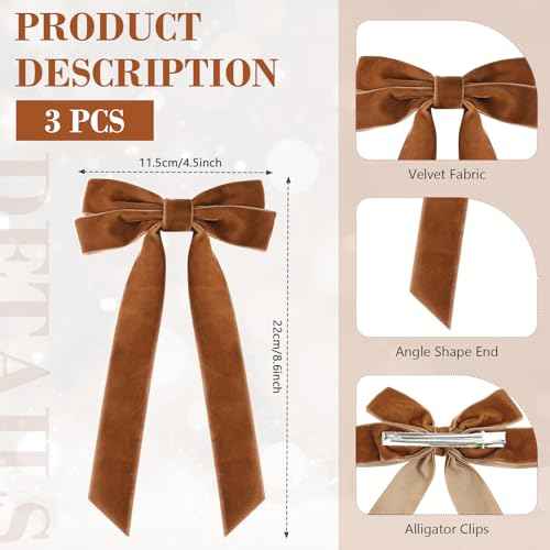 3 Pack Fall Hair Bows for Women Girls Velvet Bow Hair Accessories with Alligator Clips Big Ribbon for Autumn Christmas Winter Hair Decor (Burgundy, Green, Brown, Velvet)